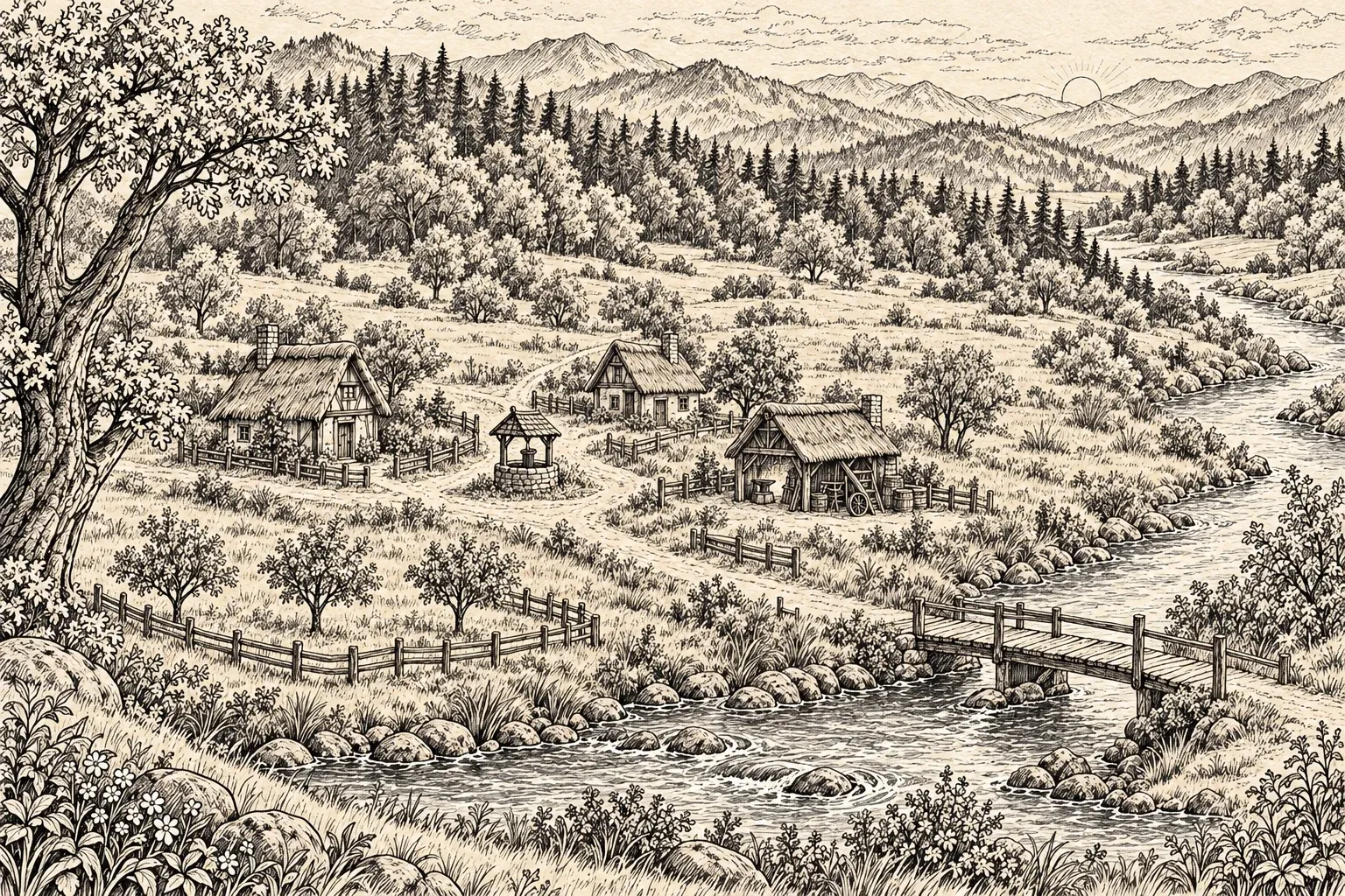 The beginning of Olibrook: a pen-and-ink drawing of a small settlement with a well and wooden bridge.